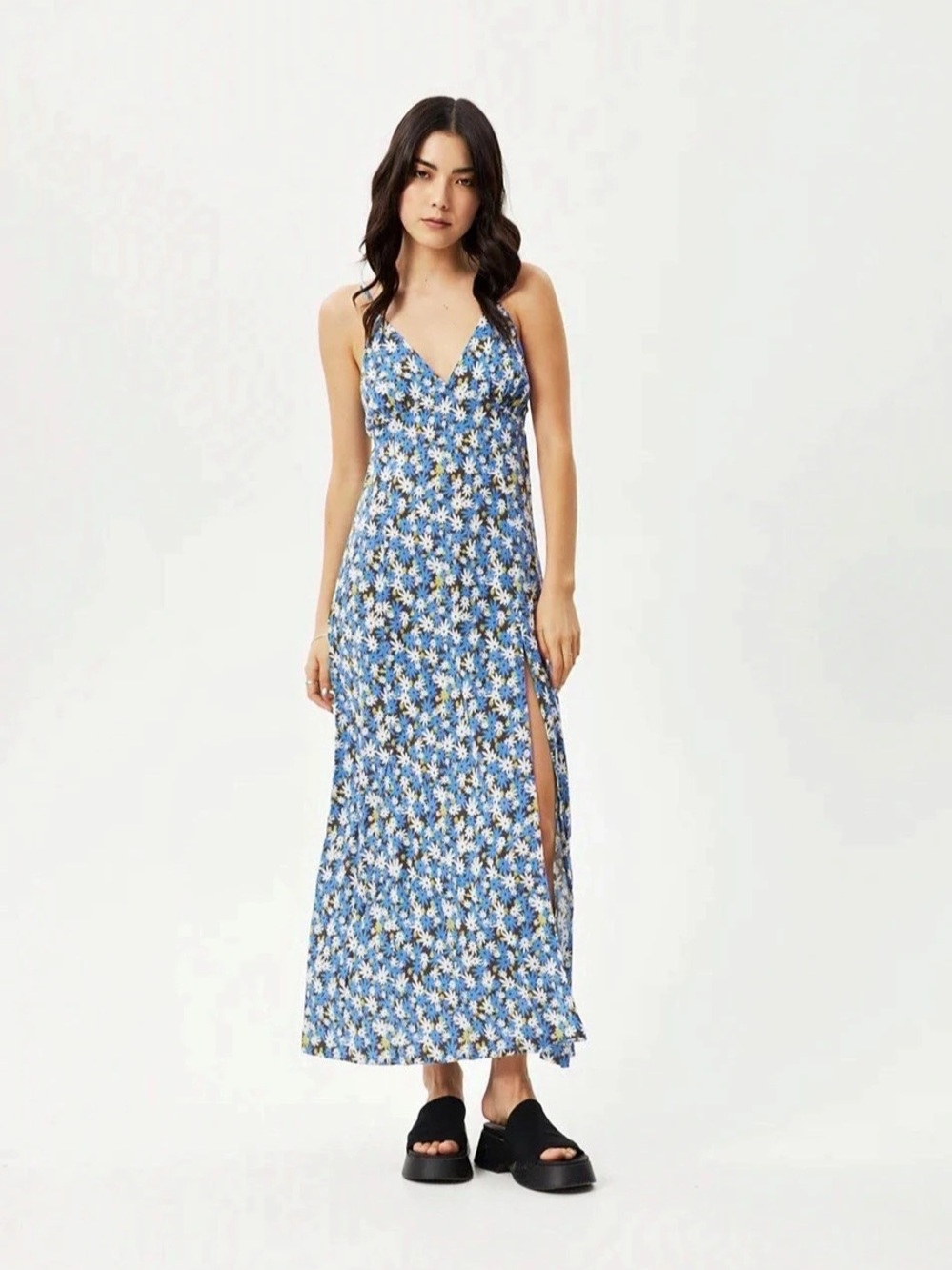 Afends Size M (Runs Small) Petal Maxi Dress In Lake Floral Side Slit Open Back